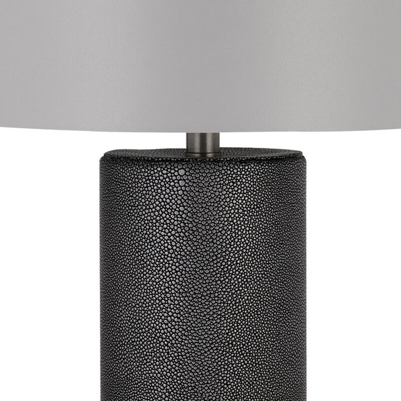 27 Inch Ceramic Table Lamp, Faux Leather Wrapped, Dimmer, Gray-Benzara