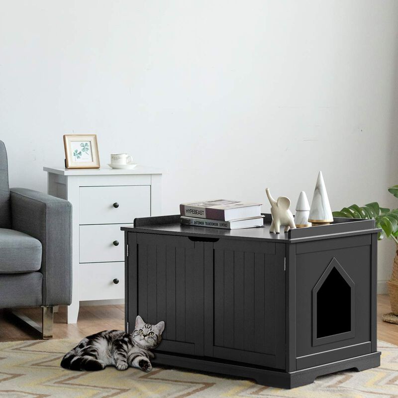 Cat Litter Box Enclosure with Double Doors for Large Cat and Kitty-Black