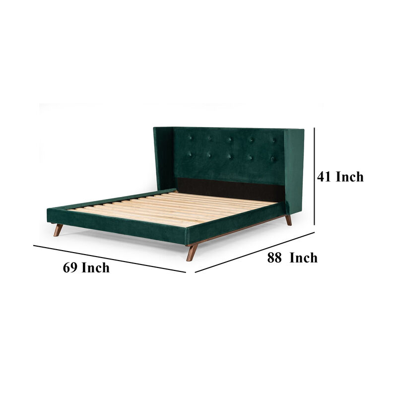 Dury Queen Size Platform Bed, Green Velvet Upholstery, Tufted Wingback - Benzara