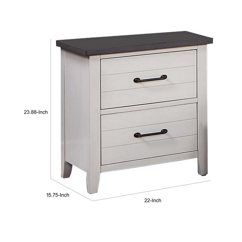 Akira 24 Inch Nightstand, 2 Drawers, White Solid Wood Frame and Gray Top - Benzara