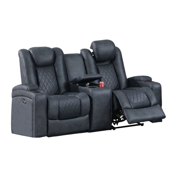 Elva 72 Inch Power Reclining Loveseat, Lift Top Storage Console, Blue-Benzara