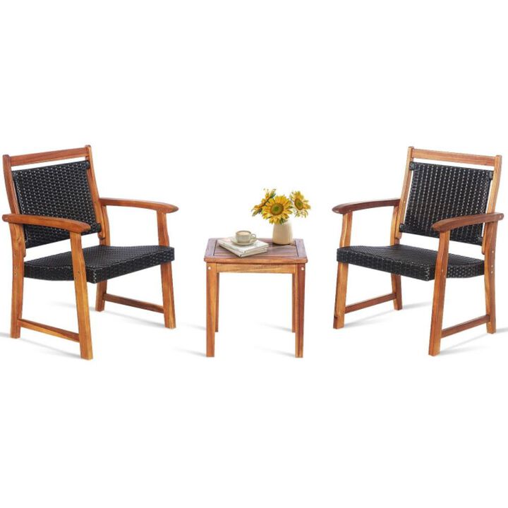 Hivvago 3 Pieces Rattan Bistro Set with Acacia Wood Frame for Garden