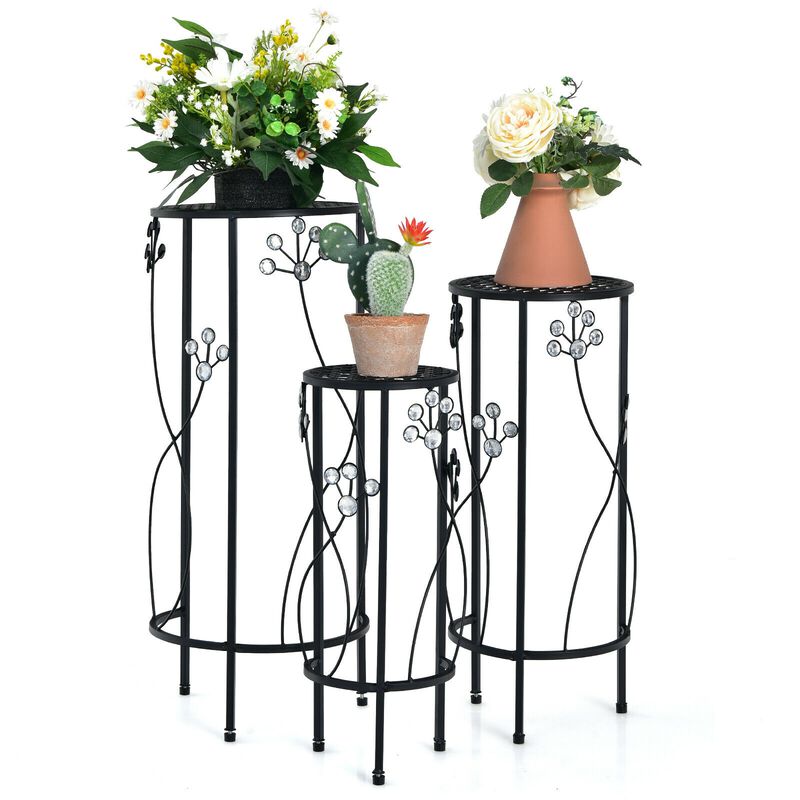 3 Pieces Metal Plant Stand Set with Crystal Floral Accents Round