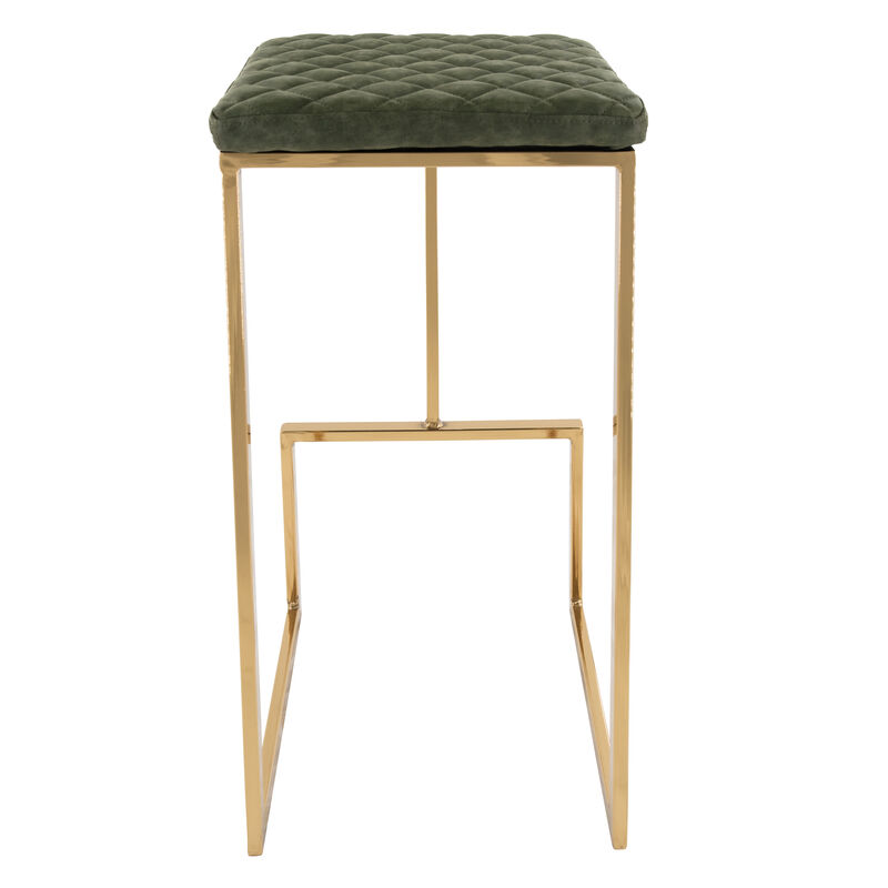 LeisureMod Quincy Stitched Leather Gold Metal Bar Stools in Olive Green