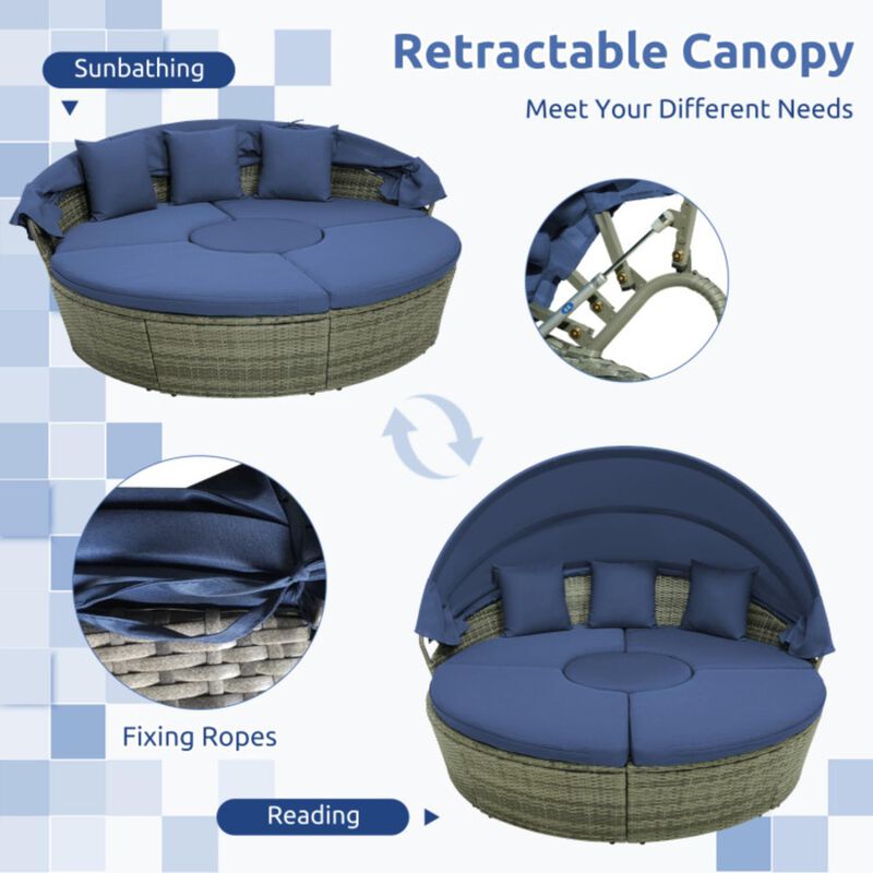 Hivvago Outdoor PE Wicker Round Daybed with Retractable Canopy and Cushions-Navy