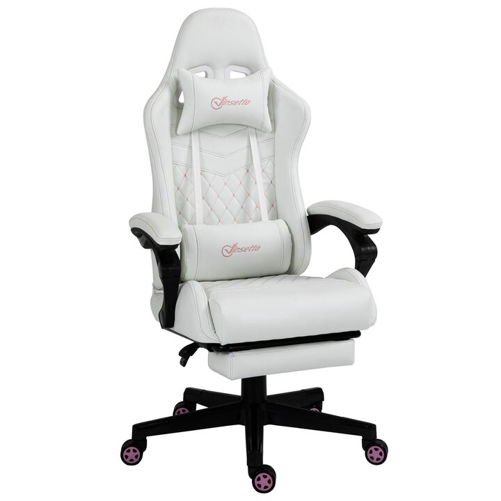 White Gaming Comfort: Racing Chair with PU Leather and Retractable Footrest