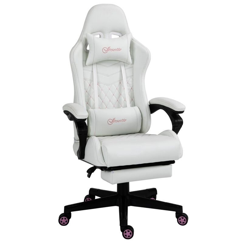 White Gaming Comfort: Racing Chair with PU Leather and Retractable Footrest