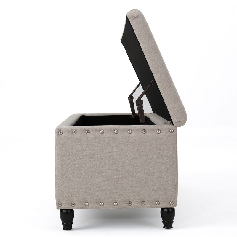 Sharon Storage Ottoman Bench, Beige Fabric, Nailhead Trim, 42 Inch -Benzara