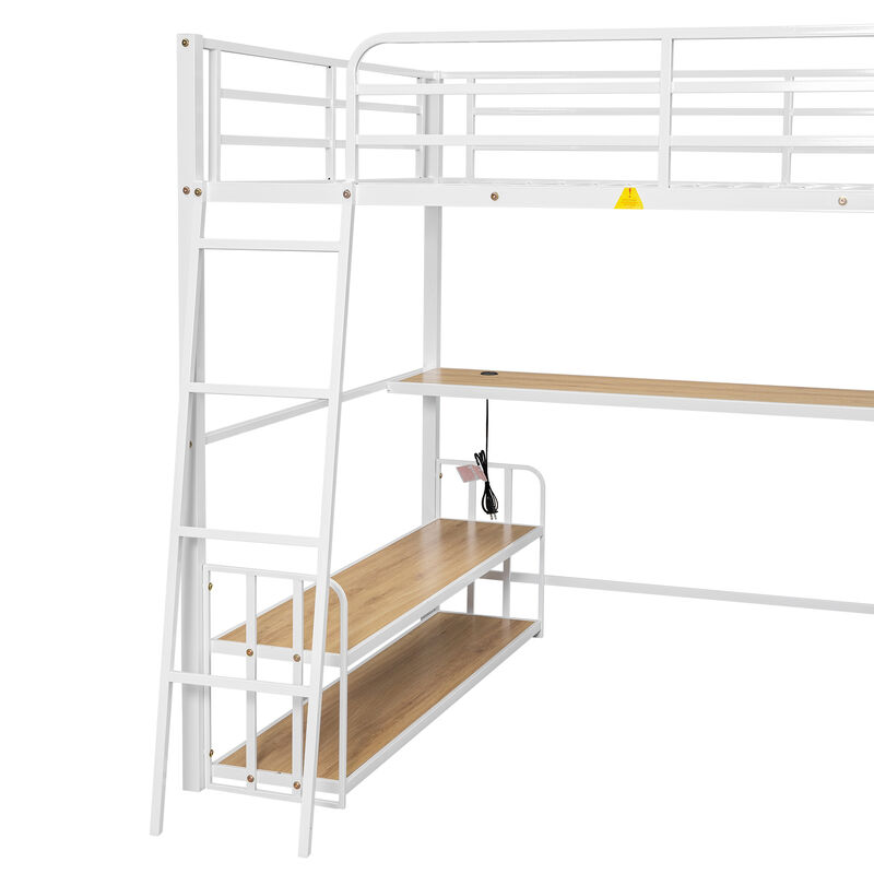 Merax Metal Loft Bed with Desk and Storage Shelves