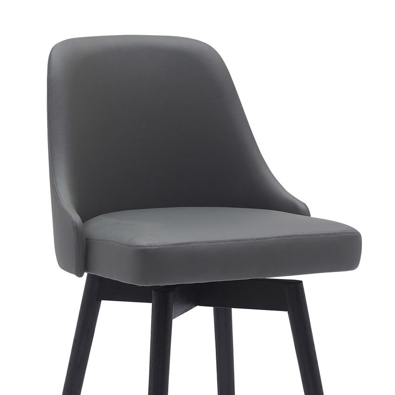 Sean 30 Inch Barstool Chair, Parson Style, Swivel, Gray Faux Leather, Black - Benzara