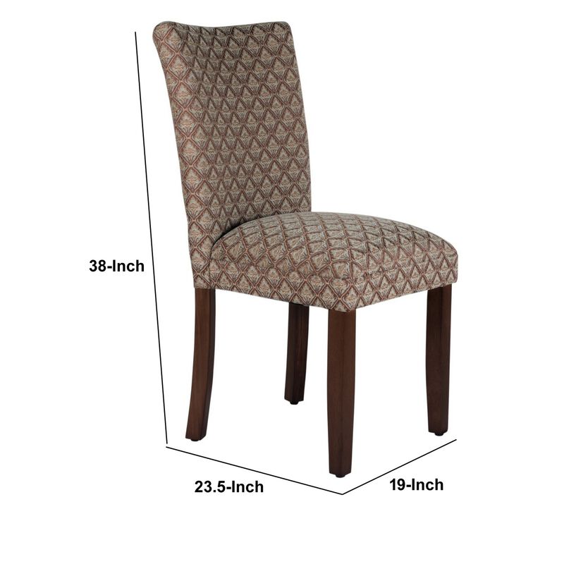 Wooden Parson Dining Chair with Damask Pattern Fabric Upholstery, Multicolor - Benzara