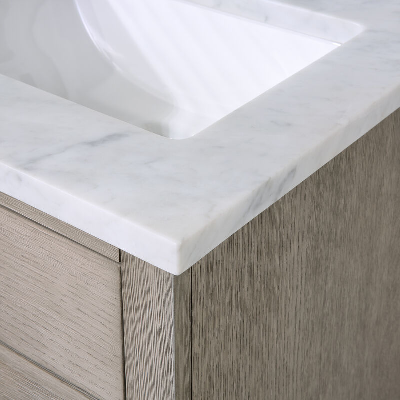 Chestnut 24 In. Single Sink Carrara White Marble Countertop Bath Vanity In Grey Oak with Oil Rubbed Bronze Hardware