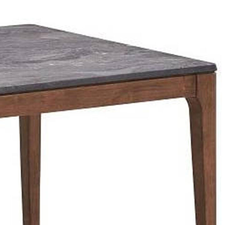Evis 63 Inch Dining Table, Marble Grain Faux Stone Top, Walnut Brown Wood - Benzara