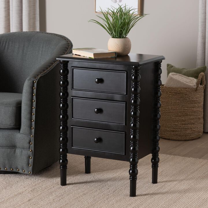 Baxton Studio Malinda Classic Black Wood 3 Drawer End Table with Spindle Legs