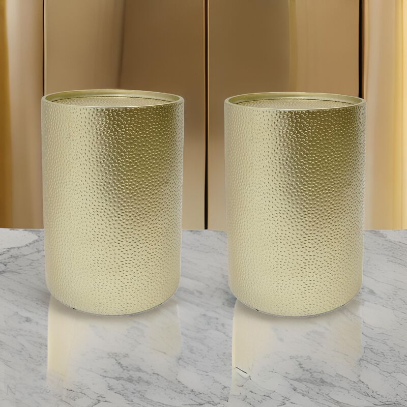 Bet Side End Table Set of 2, 16 Inch Round Tray, Modern Hammered Gold - Benzara