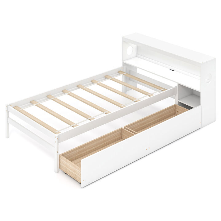 Bed Frame with LED Light and Bookcase Headboard