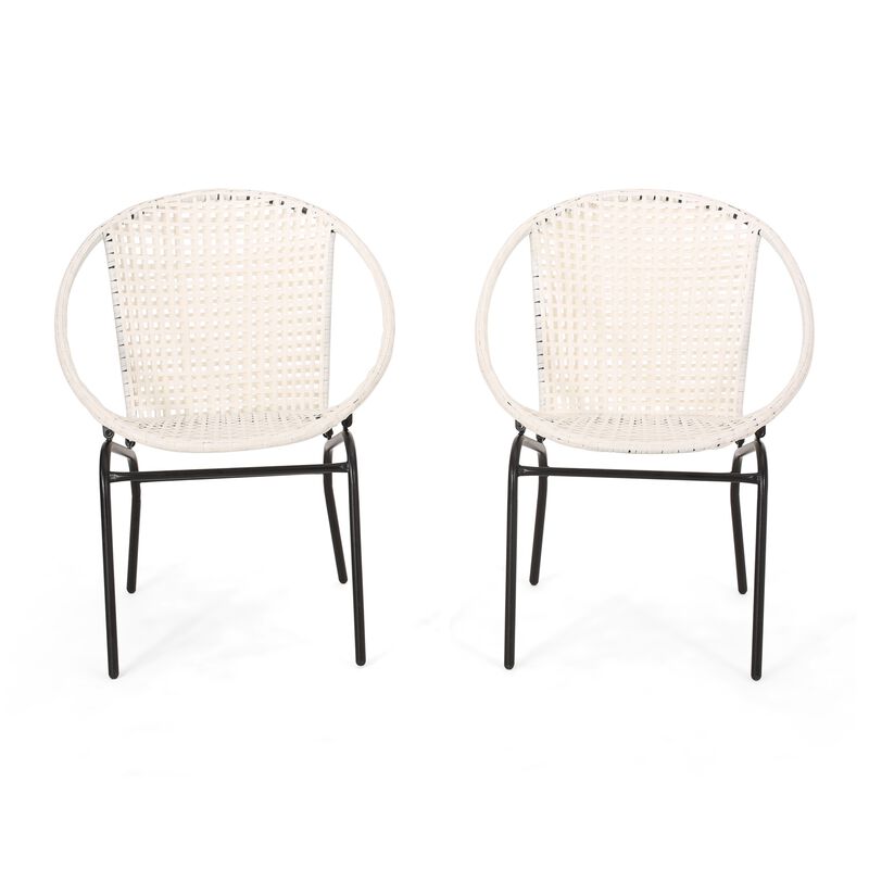 Linca Outdoor Side Chair, Set of 2, White Faux Rattan Seat, Black Iron
