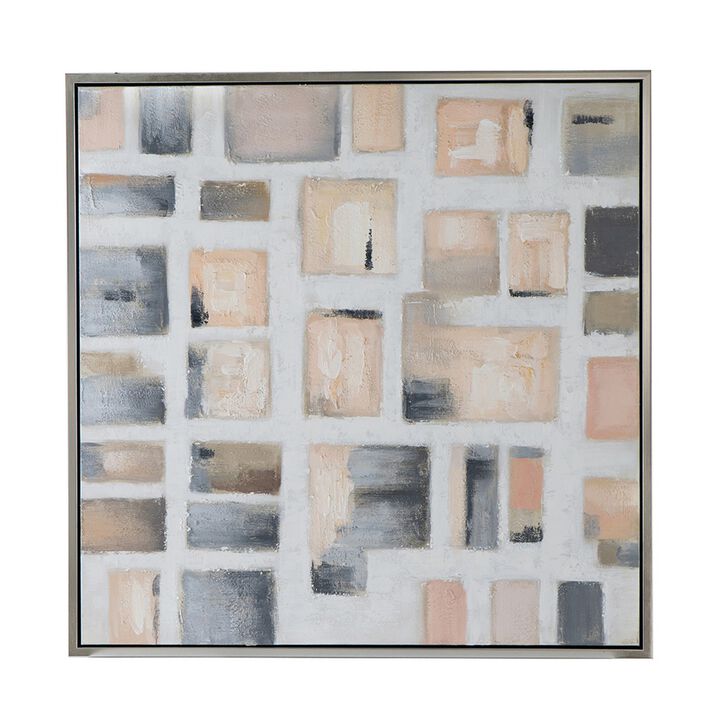 39 x 39 Framed Handpainted Wall Art, Cornerstone Square, Canvas, White Gray - Benzara