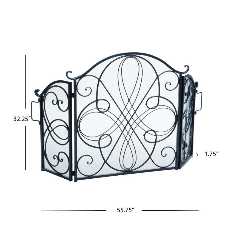 Fireplace Screen 57 Inch, 3 Panel Scrolled Mesh, Black Silver Iron - Benzara