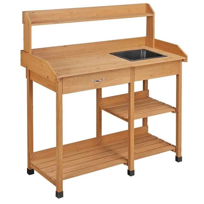 QuikFurn Outdoor Garden Wood Potting Bench Work Table with Sink in Light Wood Finish