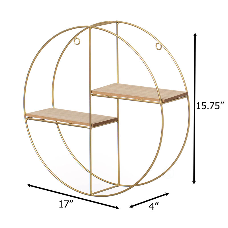 Vintiquewise Elegant 2-Tier Decorative Floating Circular Silhouette Wall Shelf - Circular Metal and Wood Wall-Mounted Shelf for Entryway, Bathroom, Bedroom, and Living Room Decor, Gold Finish