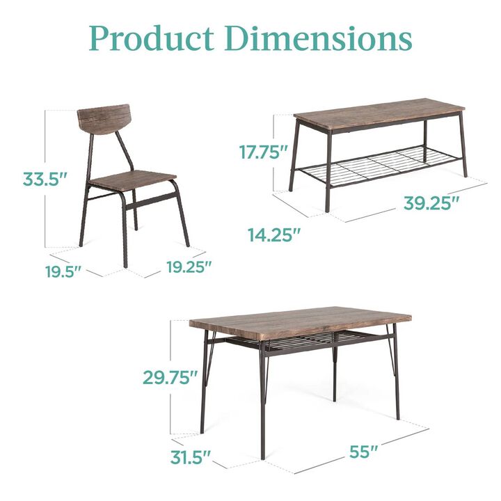 Hivvago Modern 6 Piece Dining Set with Brown Wood Top Table 4 Chairs and Storage Bench