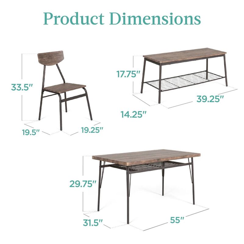 Hivvago Modern 6 Piece Dining Set with Brown Wood Top Table 4 Chairs and Storage Bench