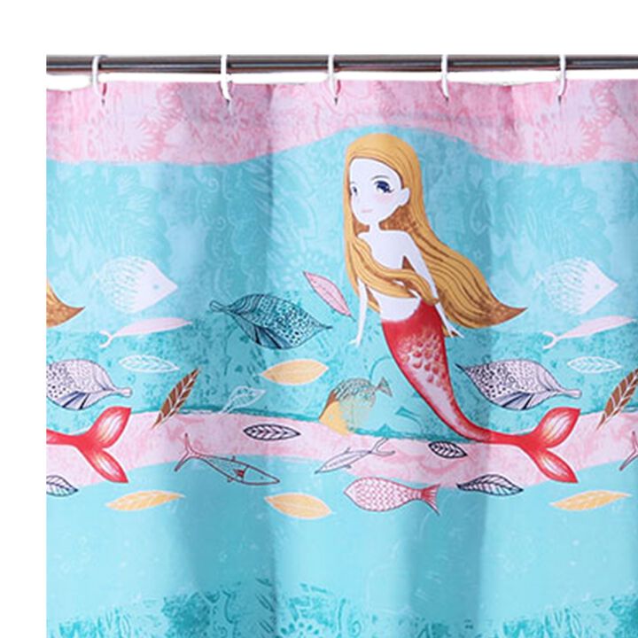 Wini 72 x 72 Inch Shower Curtain, Mermaid Print, Blue, Pink Polyester - Benzara