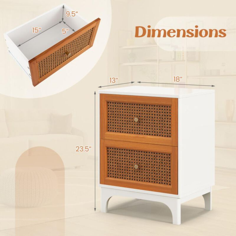 Hivvago Boho Accent Table Nightstand with 2 Handwoven Rattan Decorated Drawers-White