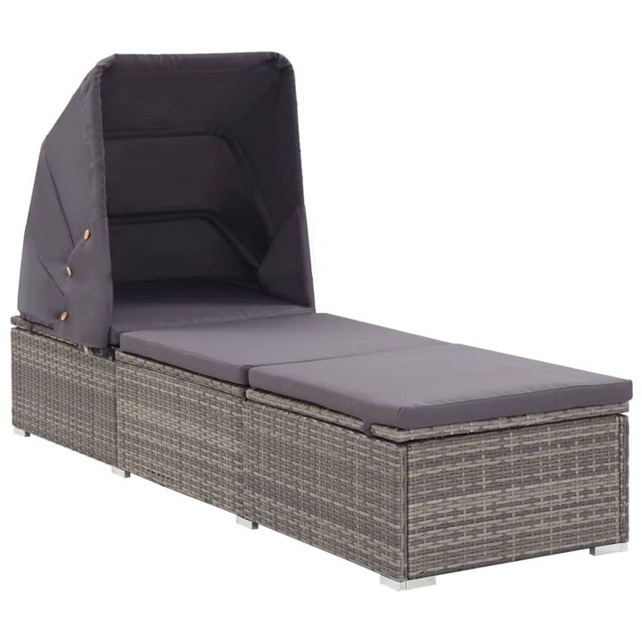 Casey Sun Chaise Lounger with Canopy, Cushion, Gray Rattan, 77 Inch - Benzara