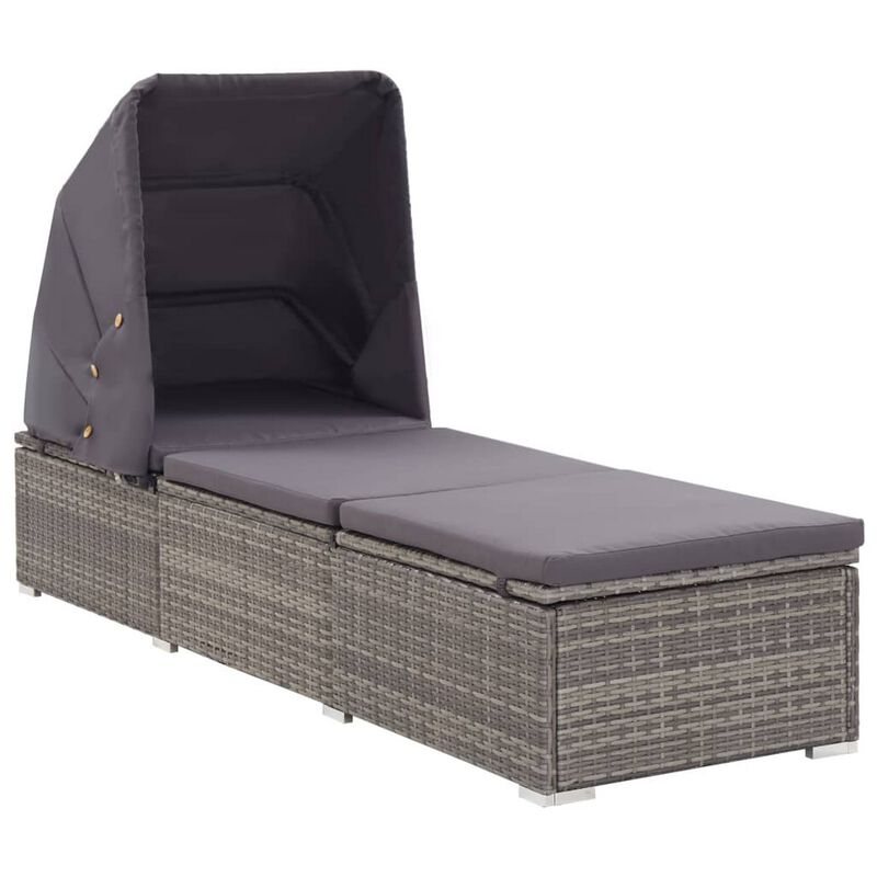 Casey Sun Chaise Lounger with Canopy, Cushion, Gray Rattan, 77 Inch - Benzara