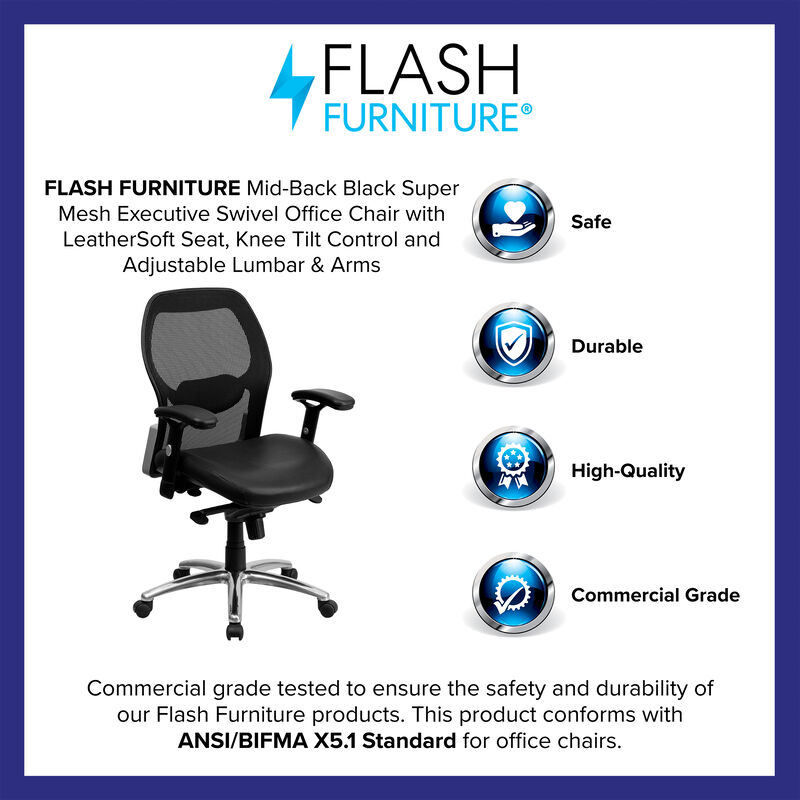 Albert Mid-Back Black Super Mesh Executive Swivel Office Chair with LeatherSoft Seat, Knee Tilt Control and Adjustable Lumbar & Arms