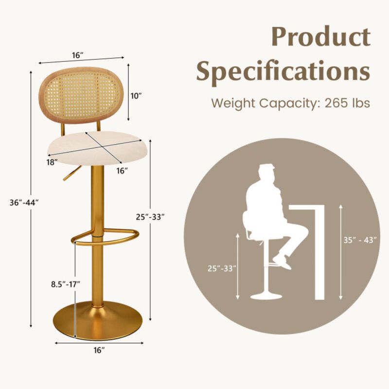 Hivvago 2 Pieces Bar Chairs with PE Rattan Backrest-360°Swivel and Height Adjustable