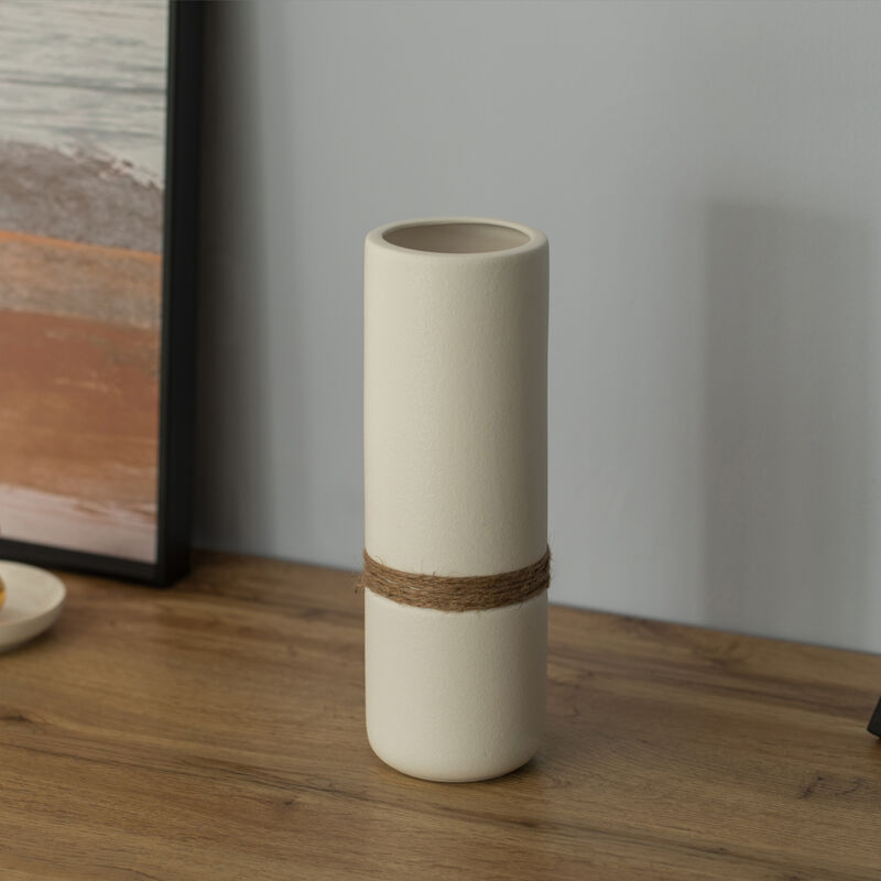 Decorative Modern Ceramic Cylinder Shape Table Vase Flower Holder with Rope, Black Set of 2
