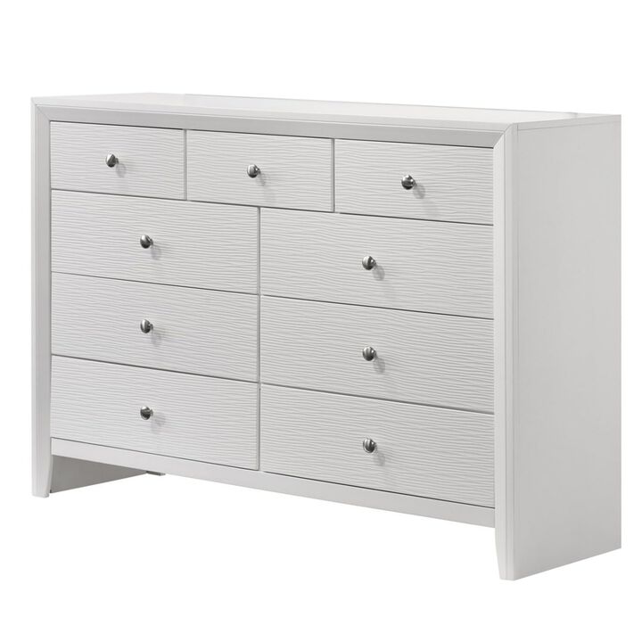 Benjara Eve 55 Inch Wide Dresser with Mirror, 9 Drawers, Metal Handles, Wood, White and Silver