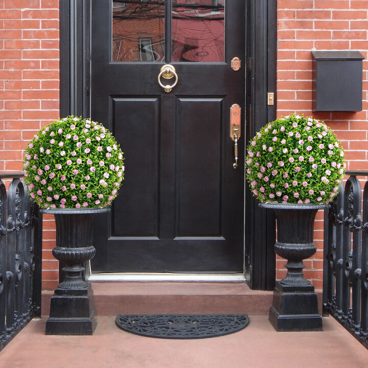 2-Piece 17.5" Artificial Topiary Balls with Faux Pink Flowers for Outdoor and Home Decor