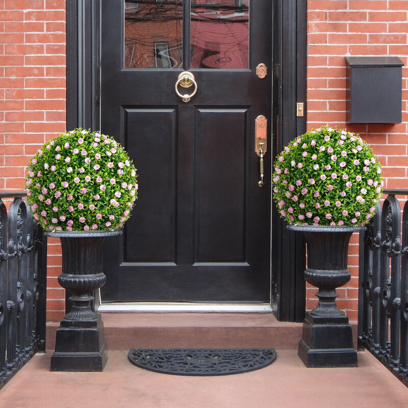 2-Piece 17.5" Artificial Topiary Balls with Faux Pink Flowers for Outdoor and Home Decor