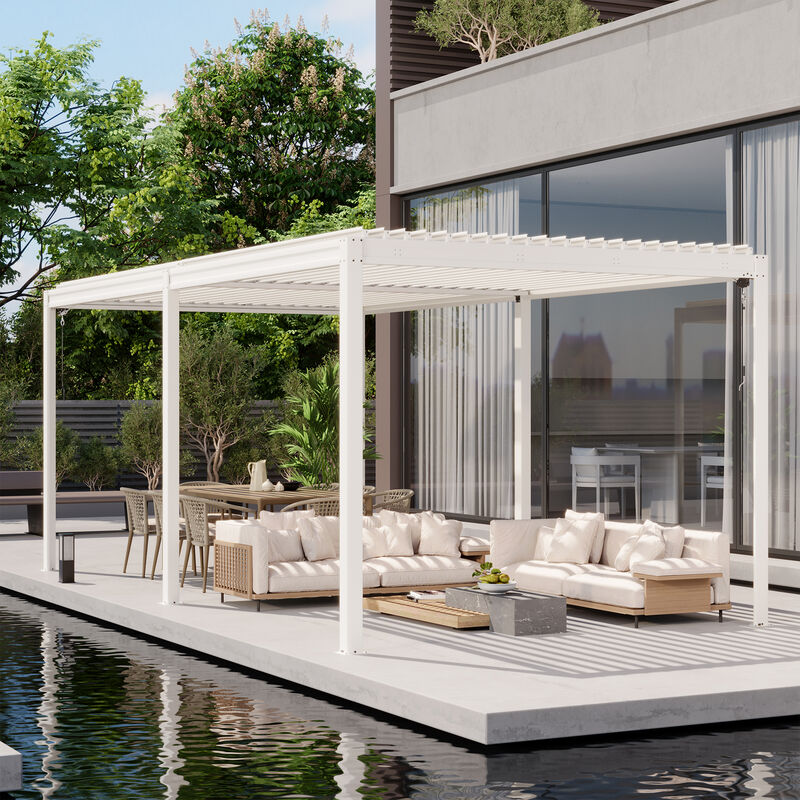 MONDAWE Outdoor Louvered Pergola 10X20FT, Aluminum Pergola with Adjustable Roof and Efficient Drainage System