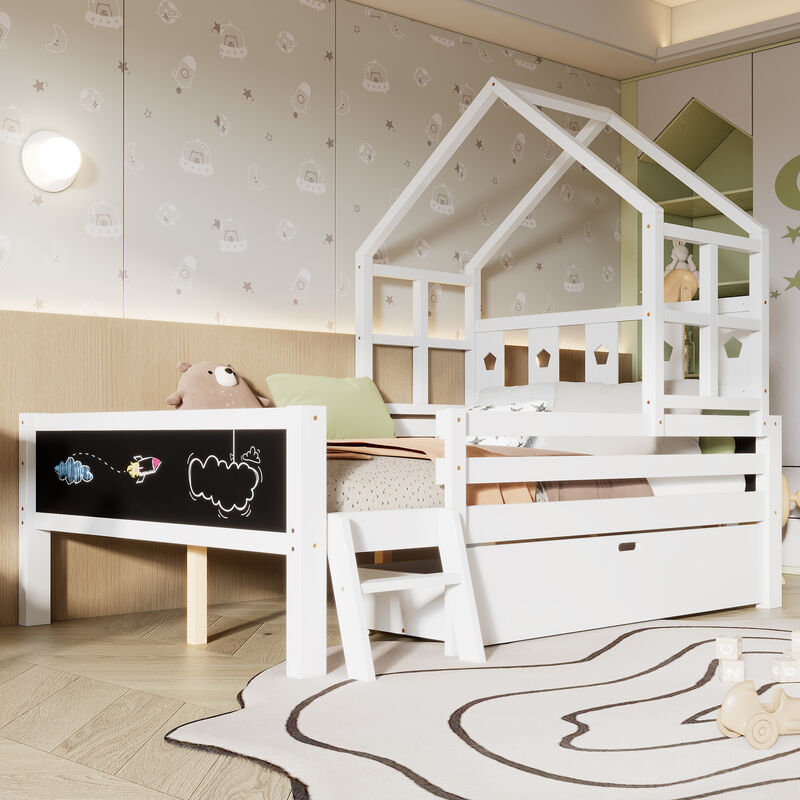 Merax Kids House Bed with Ladder and Storage Drawers