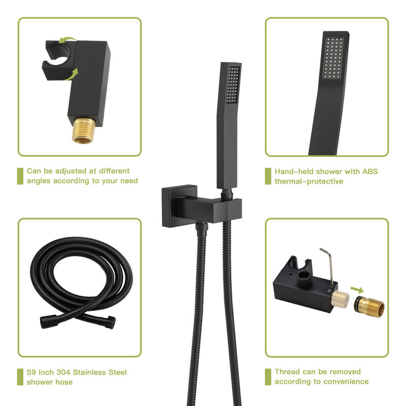 Shower Set - 12 Inch Square Shower Set, Dual Shower Heads, Simple Classic Shaped, Matte Black