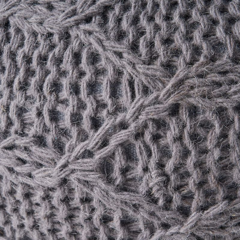 Ottoman Pouf, 20 Inch Round Shape, Knitted Boho Design, Gray Wool - Benzara