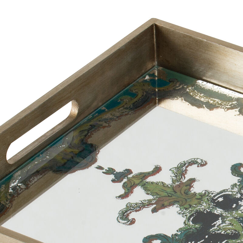Miki 18 Inch Decorative Tray, Artistic Mirrored Damask Pattern, Gold Finish-Benzara