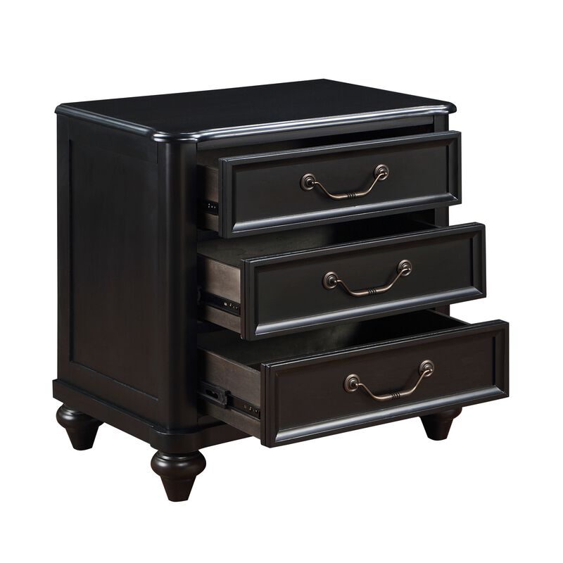 Vix 27 Inch Nightstand, 3 Drawers, Molded Design Pewter Drop Handles, Black - Benzara