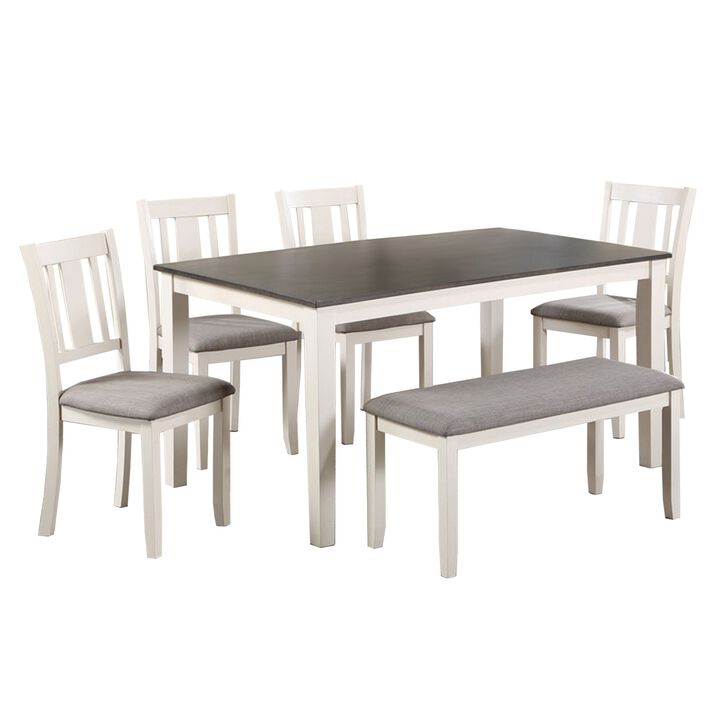 Casey 6 Piece Dining Table and Chairs Set with Bench, Farmhouse White, Gray - Benzara
