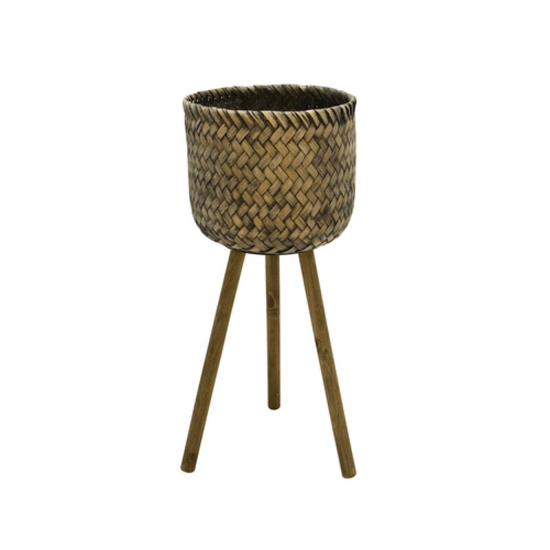Basket Shape Bamboo Planters on Flared Wooden Stand, Rustic Brown, Set Of Two-Benzara