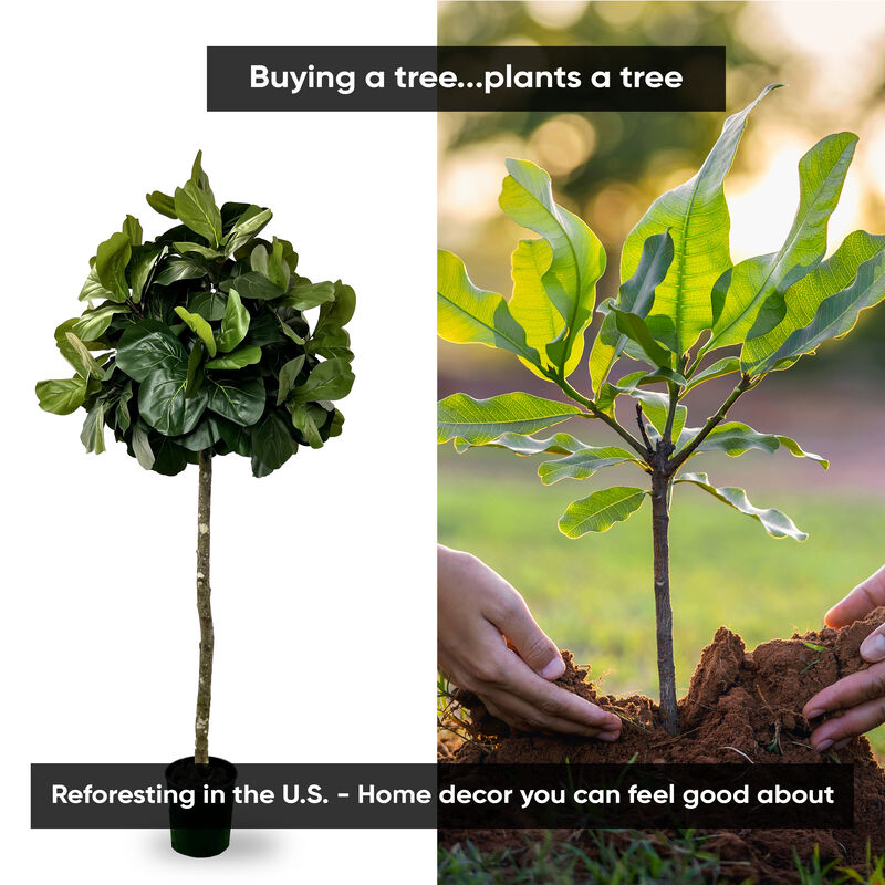 Handmade 6.5' Artificial Topiary Fig Tree In Home Basics Starter Pot Made with Real Wood and Moss Accents