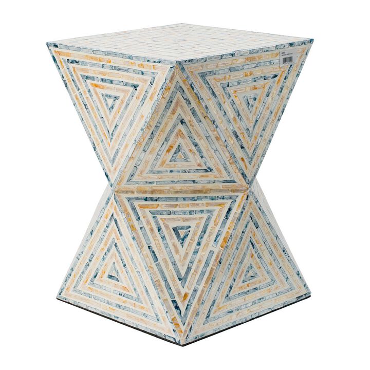 20 Inch Capiz Accent Stool Table, Hourglass Triangular, Off White Ivory-Benzara