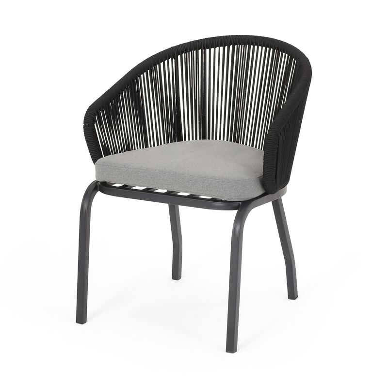 Candy Outdoor Dining Chair Set of 2, Gray Fabric, Black Metal, Woven Rope