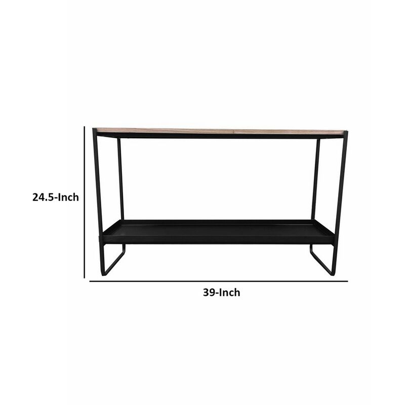 Evon 39 Inch Console Table, Natural Brown Wood Top and Shelf, Black Metal - Benzara