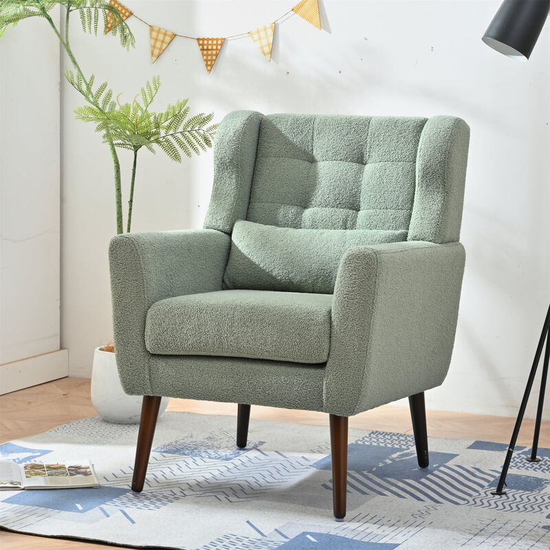 Mondawe Modern Accent Chair, Teddy Fabric Reading Armchair Comfy Padded Lounge with Pillow